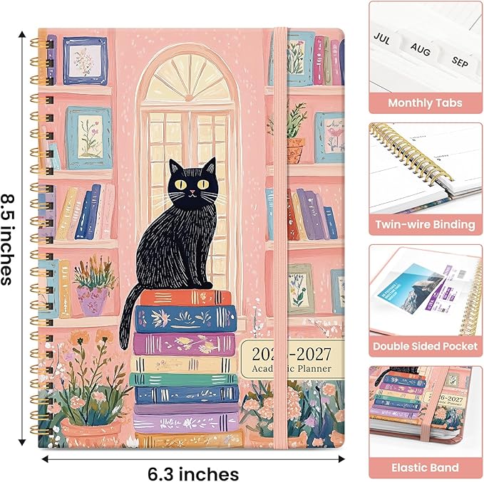 Planner 2026-2027, Academic Monthly and Weekly Calendar Planner for Women, July 2026 - June 2027, Hardcover Pretty Agenda Planner Book with Tabs, Spiral Daily Organizer for School Office Home Supplies, 6.3" x 8.5" - Bookish Kitty