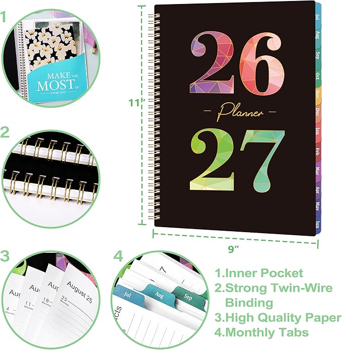 Planner 2026-2027 - Academic Planner 2026-2027 Weekly and Monthly from July 2026 to June 2027, 9" x 11" with Inner Pocket, Colorful Coated Tabs