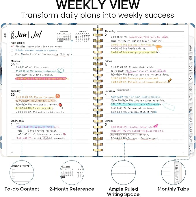 Academic Planner 2026-2027, Weekly and Monthly Calendar Book, July 2026 – June 2027, Hardcover Planner with Tabs, Perfect for Teachers, Students, Women & Men, A5 (6.4" x 8.5") - Watercolor Petal