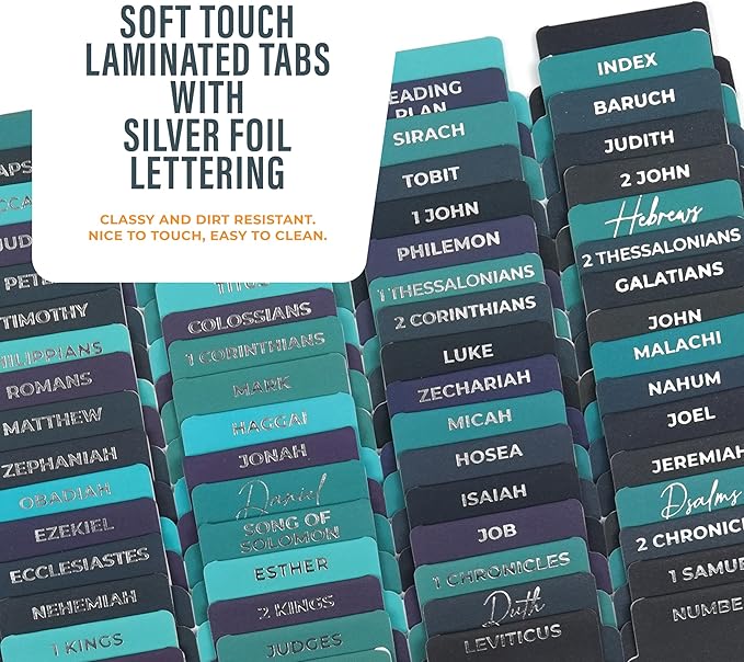 Bible Book Tabs, 100 Silver, Soft-Touch, Laminated Bible Tabs for Study Bible, Durable Tabs for Bible, Protestant & Catholic Bible Tabs Large Print, Purple & Blue Bible Tabs for Women & Men