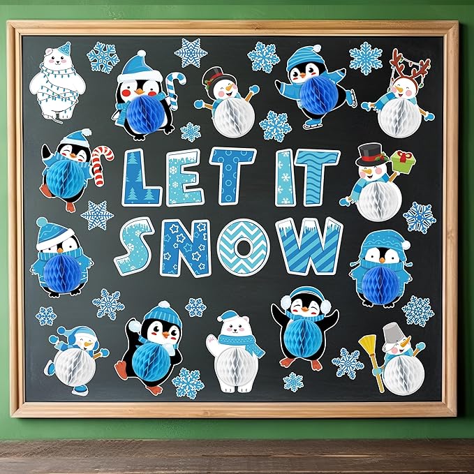 Naozinebi 53PCS 3D Winter Honeycomb Bulletin Board Snowflake Penguin Bulletin Board Set Christmas Party Supply Snowman Bulletin Board Let it Snow Paper Cutouts with School Classroom Wall Decor