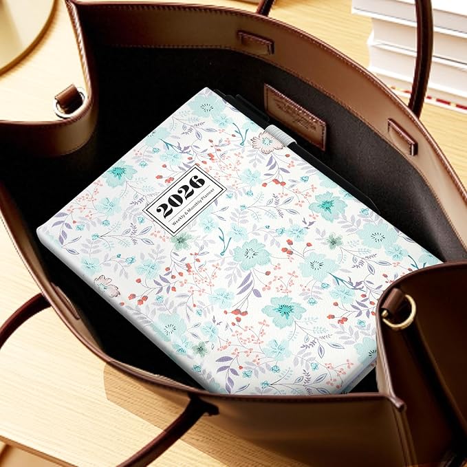 2026 Planner Weekly & Monthly – A5 Size 8.5" x 5.8", PU Leather Hardcover Planner 2026 with Twin-Wire Binding, Thick Paper, 2026 Small Planner Calendar for Home, Office, School-Flower