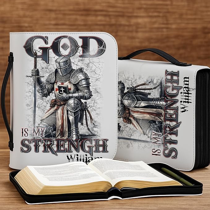 Custom Leather Bible Cover with Name – Personalized Bible Case for Women Zippered with Handle, Bookmark & Storage Pockets, Christian Gift for Mom, Daughter, Grandma (Man - God is My Strength, M-2XL)