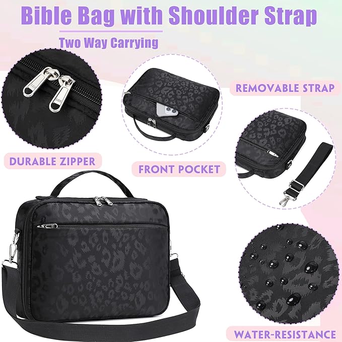 Jumpopack Bible Cover Case for Women Grils Bible Cover with Shoulder Strap Bible Case for Bible Study Accessories-Ideal Gift for Women and Girls (Leopard Black)