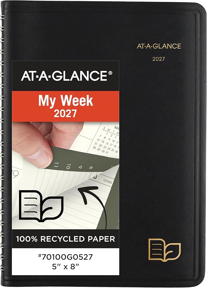 AT-A-Glance 2027 Appointment Book Planner, Weekly & Monthly, 5" x 8", Hourly, Recycled, Black (70100G0527)