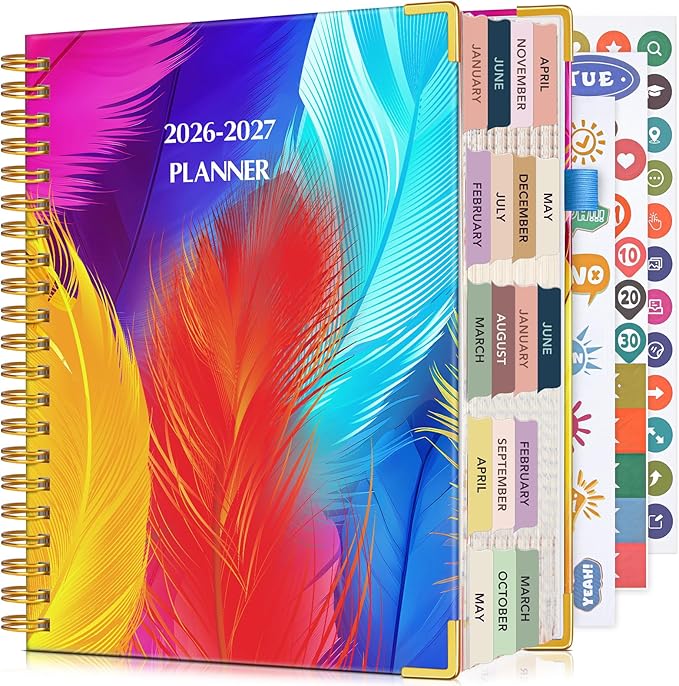 Planner 2026-2027, 18 Months Weekly and Monthly Daily Planner from January 2026 - June 2027, 5.75" x 8.38" A5 Hardcover Agenda Organizer Book 2026 with Tabs, Spiral Yearly Calendar Planners for School Work Home, Colorful Feather