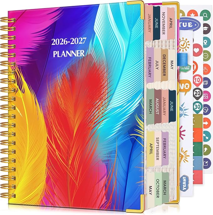 Planner 2026-2027, 18 Months Weekly and Monthly Daily Planner from January 2026 - June 2027, 8.5" x 11" A4 Large Hardcover Agenda Organizer Book 2026 with Tabs, Spiral Yearly Calendar Planners for School Work Home, Colorful Feather