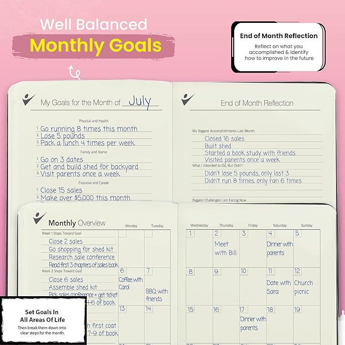 Undated Daily Planner to Achieve Your Goals - 90 Day Guided Journal & Productivity Organizer with Goal Setting, Habit Tracker, To Do List, Academic & Work Calendar, Leather Hardcover - Rose Gold