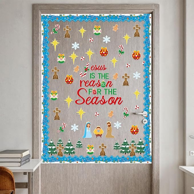 113Pcs Jesus is The Reason for The Season Cutouts Bulletin Board Decoration Set Christmas Trees Cross Snow Nativity Christian Faith Religious Sunday Classroom Chalkboard Wall Winter Party Decor