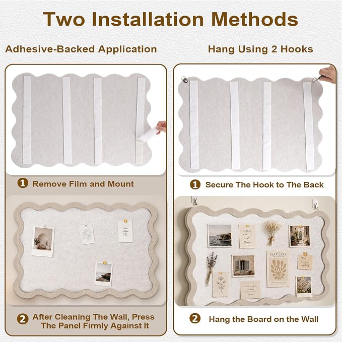 Scalloped Felt Bulletin Board, Sized 36" x 24" Felt Cork Board Alternative for Office & Wall Decor, Customizable Adhesive Tiles with Pins Hooks for Photo Display School Home Office, Oatmeal