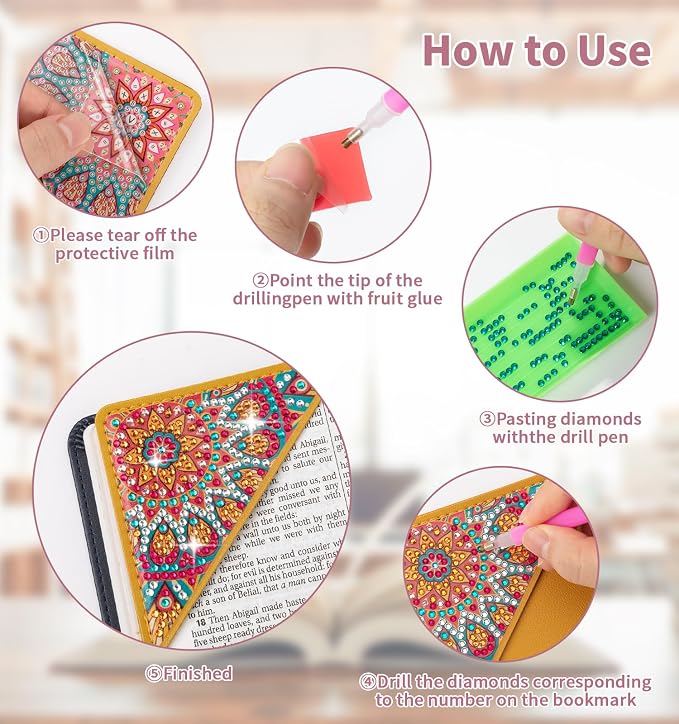 8 PCS Diamond Art Bookmarks, Diamond Painting Bookmarks for Book Lovers 5D DIY Corner Bookmark Adults Crafts Diamond Art Kits for Adults Home Office Beginner Gift