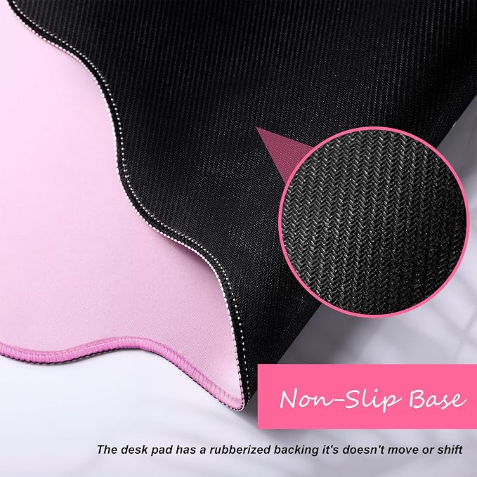 Hahafelt Scalloped Desk Mat Large Desk Pad Cute Coquette Table Mat Back to School Preppy Table Make up Pad Nonslip Graduation Gift with Stitching Waterproof Gaming(Pink,36 x 17 Inches)