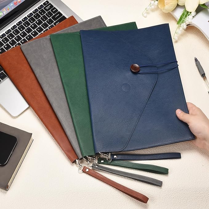 PATIKIL 2Pcs Leather Folder, 14x10 Leather Document Holder File Folder PU Pouch Bag Portfolio File Organizer Handbag Button Personal Envelope Waterproof for Traveling Men Gift, Brown