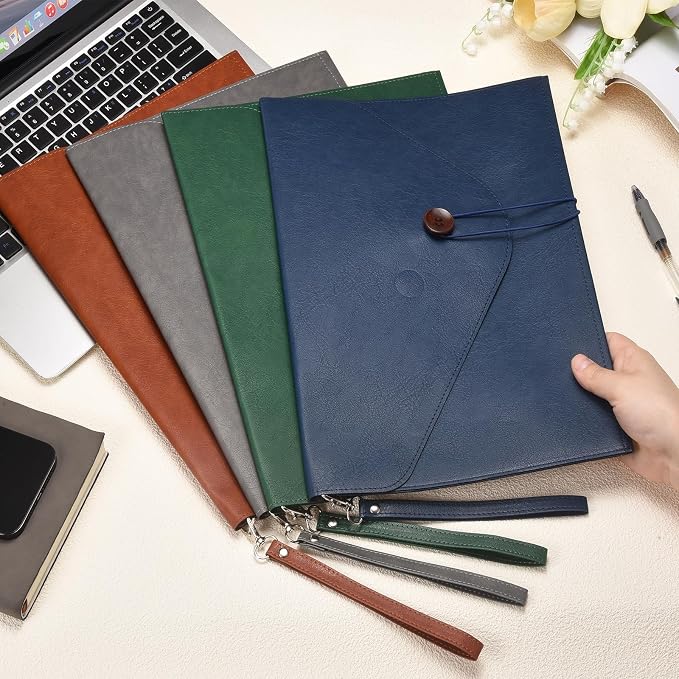 PATIKIL 2Pcs Leather Folder, 14x10 Leather Document Holder File Folder PU Pouch Bag Portfolio File Organizer Handbag Button Personal Envelope Waterproof for Traveling Men Gift, Blue