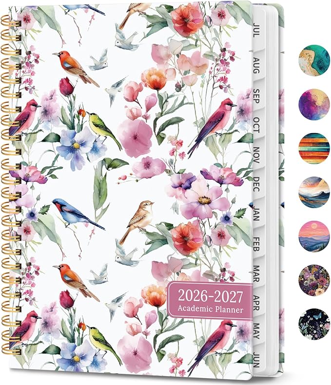 Academic Planner 2026-2027, Weekly and Monthly Calendar Book, July 2026 – June 2027, Hardcover Planner with Tabs, Perfect for Teachers, Students, Women & Men, A4 (8.5" x 11") - Songbird Bloom
