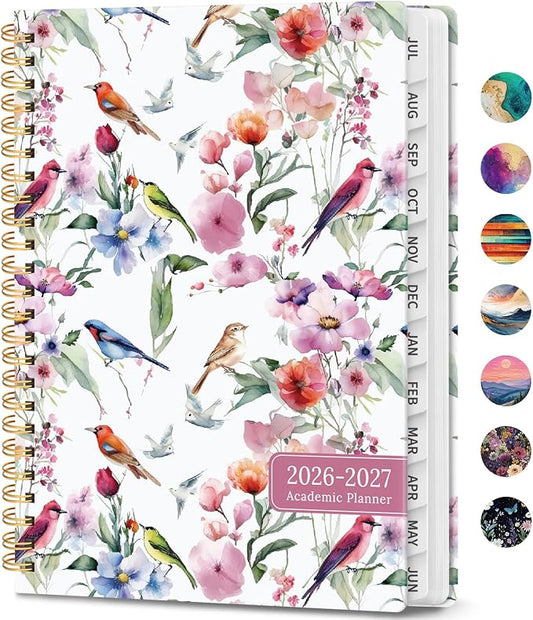 Academic Planner 2026-2027, Weekly and Monthly Calendar Book, July 2026 – June 2027, Hardcover Planner with Tabs, Perfect for Teachers, Students, Women & Men, A4 (8.5" x 11") - Songbird Bloom