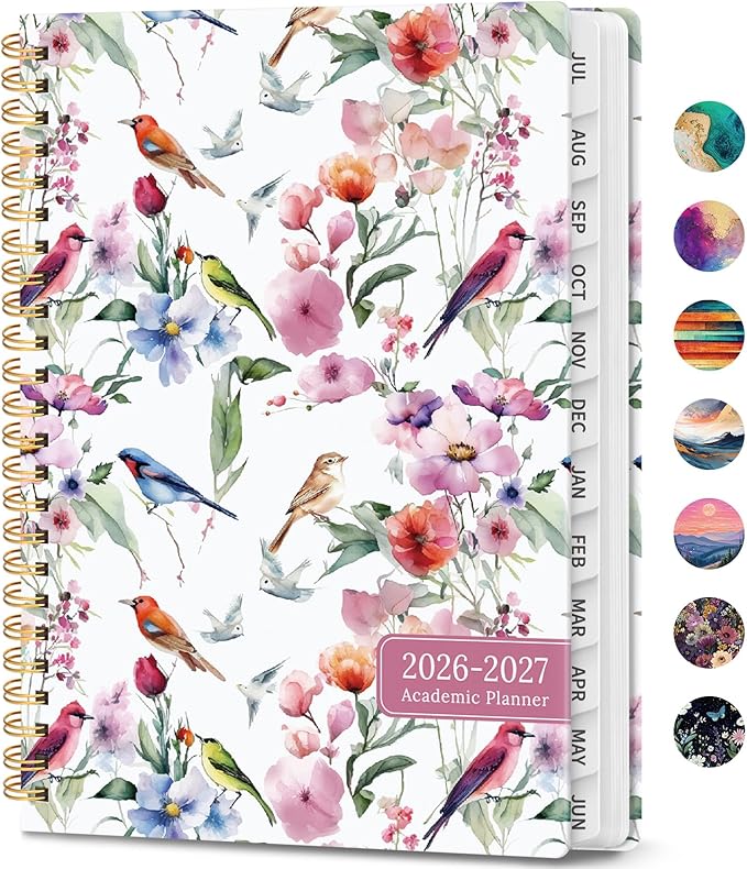 Academic Planner 2026-2027, Weekly and Monthly Calendar Book, July 2026 – June 2027, Hardcover Planner with Tabs, Perfect for Teachers, Students, Women & Men, A4 (8.5" x 11") - Songbird Bloom