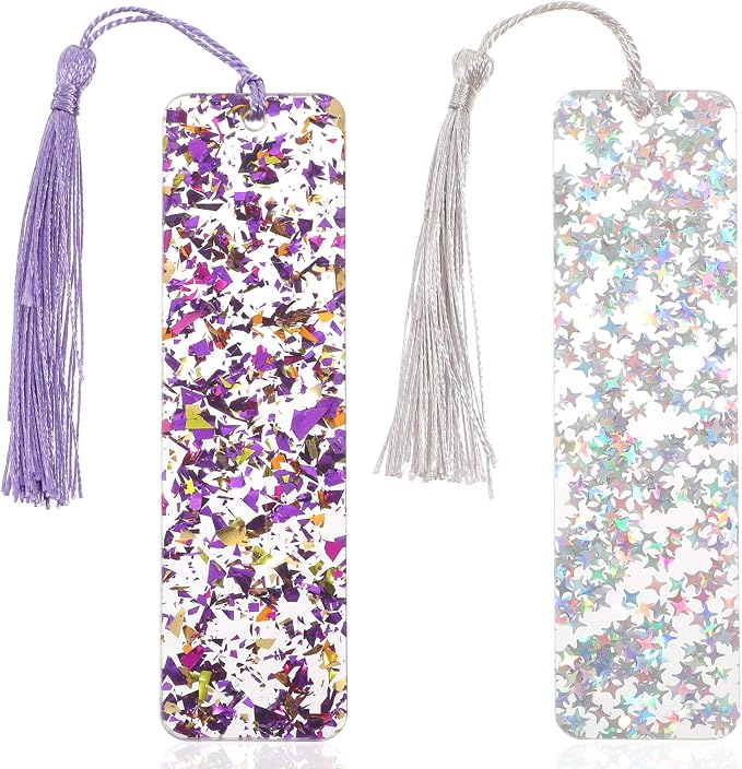 2Pcs Glitter Bookmarks Acrylic Bookmarks for Women Purple Silver Book Marks Bling Iridescent Bookmark with Tassel Resin Book Marks for Reading Presents