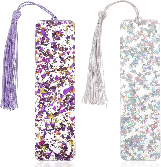2Pcs Glitter Bookmarks Acrylic Bookmarks for Women Purple Silver Book Marks Bling Iridescent Bookmark with Tassel Resin Book Marks for Reading Presents
