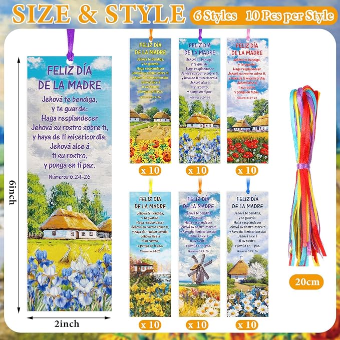 Skyygemm 60 Pcs Spanish Happy Mother's Bookmark Nameros 6: 24-26 Mother's Gift Bookmarks Religious Inspirational Bookmarks for Church Women Mom Appreciation Gift