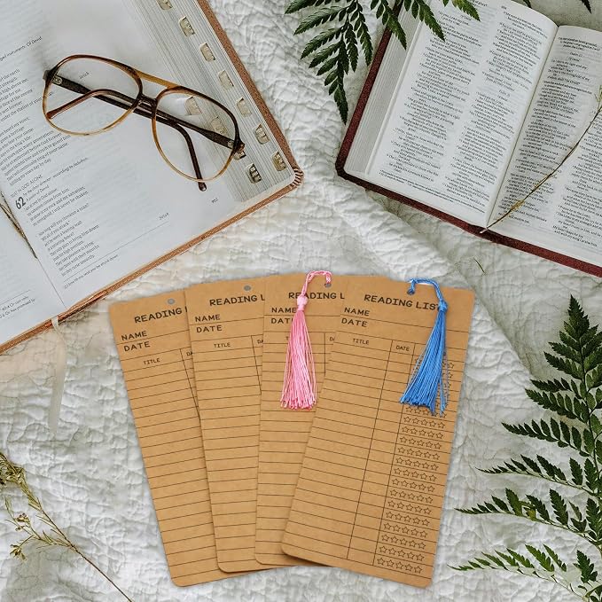 DSYIL 100 Sets Reading List Bookmarks with Tassels - 3x8 Library Card Book Marks Bulk, Cardstock Reading Log and Book Tracker for Book Lovers, Book Clubs & Back-to-School Supplies (Brown)