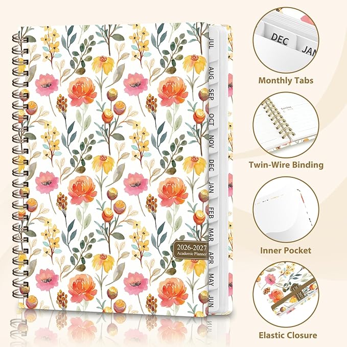Academic Planner 2026-2027, Weekly and Monthly Agenda Planner, Daily Calendar Planning Notebook (July 2026 - June 2027), School Teacher Student Supplies, Painted Flowers