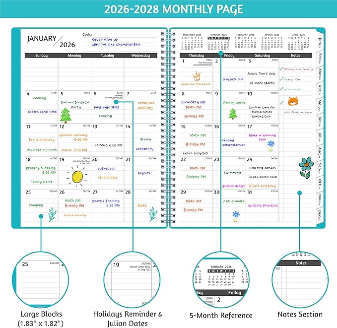 Monthly Planner 2026-2028, 36 Months Calendar Planner 2026-2028 from Jan 2026 – Dec 2028, 8.5'' x 11'' with Ruled Spread, Flexible Cover, Spiral Wirebound, Pocket, Coated Tabs, Notes ＆ Habit Tracker