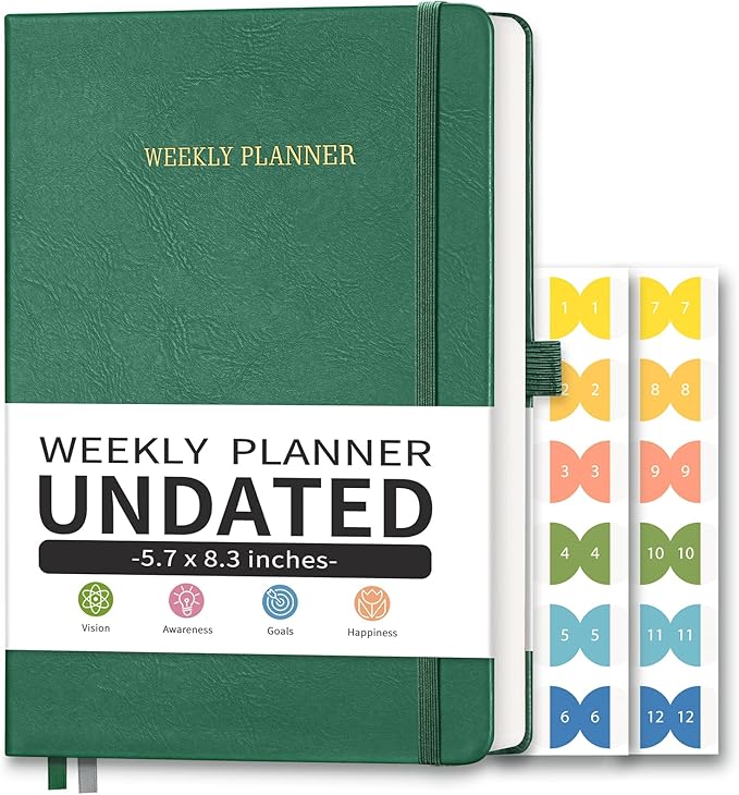 Undated Appointment Book, Hourly, Daily, 52 Weekly & 12 Monthly Planner, 6 AM - 8 PM, Medium Size (5.7" x 8.3"), Leather Hardcover, 12 Self-adhesive Monthly Tabs (Dark Green)