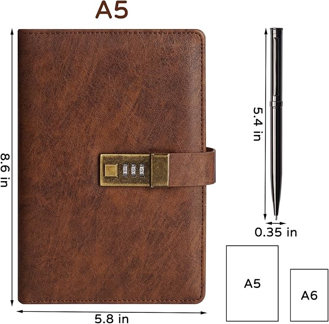 WEMATE Diary with Lock, A5 PU Leather Journal with Lock 240 Pages, Vintage Locks Journal Password Notebook with Pen, Locks Diary Planner Organizer for Men and Women, 8.6x5.8in Brown