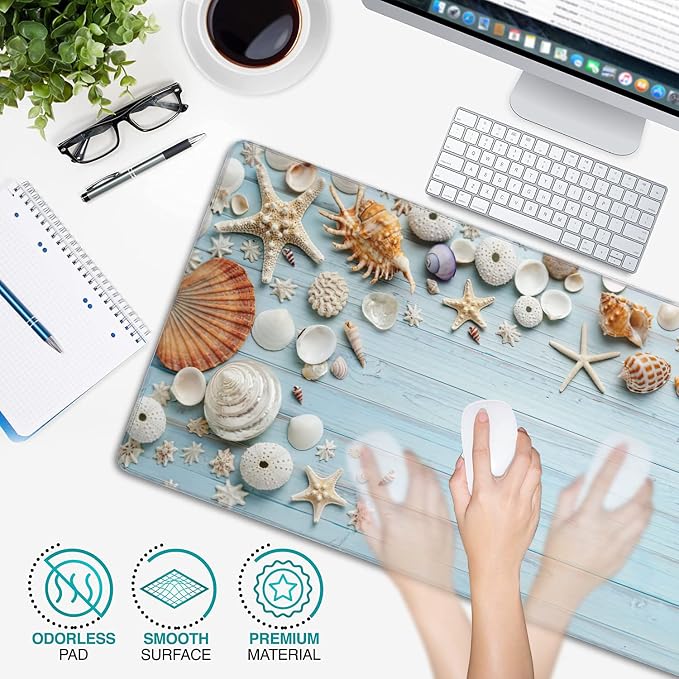 Shells on Blue Wood Large Mouse Pad Extended Gaming Mouse Pad Waterproof Desk Mat with Stitched Edge,Non Slip Base Keyboard Mouse pad for Home Office 35.4" X 15.7"