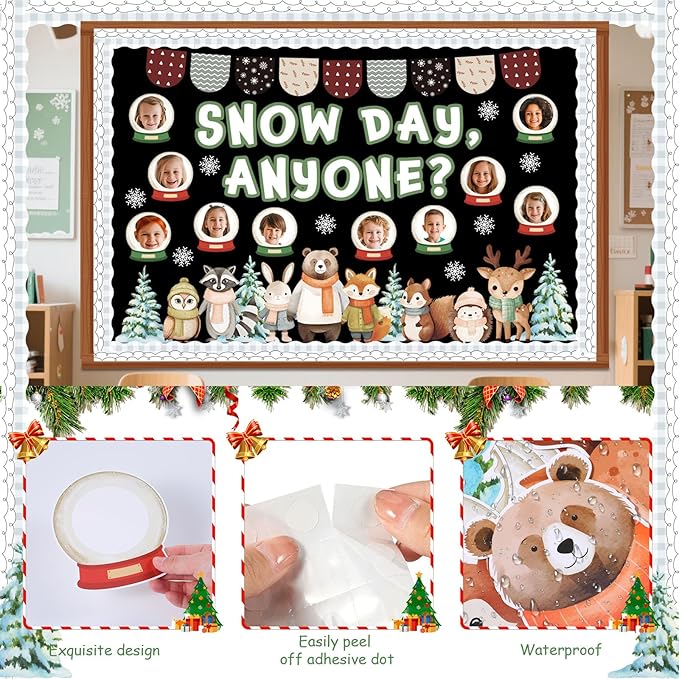 Funrous 68 Pcs Winter Woodland Bulletin Board Decoration Set DIY Photo Forest Animal Classroom Bulletin Board Snow Day Cutouts for Xmas Winter Holiday Party School Classroom Wall Decorations