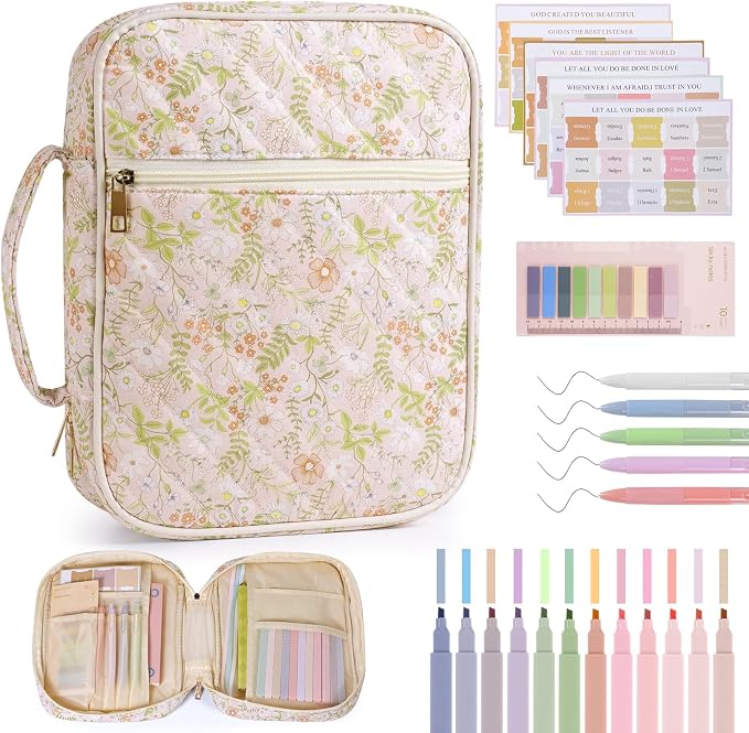 Bible Cover Case for Women Large Quilted Bible Carrying Bag with Handles Bible Study Supplies & Accessories Christian Gifts for Women(Jungle Flowers, M)