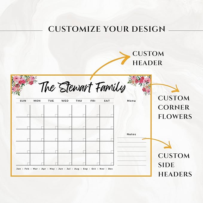 Custom Floral Acrylic Wall Calendar 2026 - Personalized Family Planner, Wall Organizer, Dry Erase Monthly Wall Planner Board with Marker