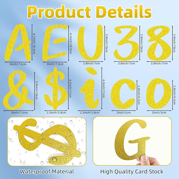 273 Pcs 4 Inch Glitter Bulletin Board Letters Set - Poster Board Letter Cutouts with Alphabet, Symbols, Numbers, Storage Bag - Classroom Decor, DIY Projects, Teacher Supplies, Office (Golden)