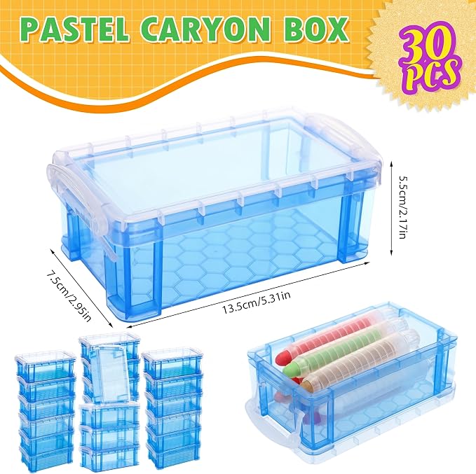 Briwooody 30 Pcs Color Plastic Crayon Box with Lid Color Clear Crayon Organizer Stackable Storage Container Bulk Pastel Holder Case for Office School Classroom Supplies Pen Pencil Art (Blue)