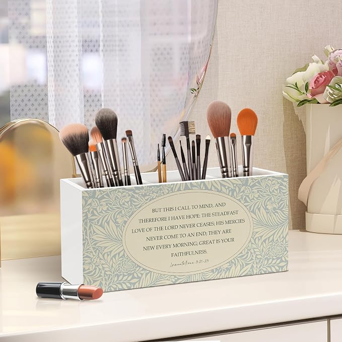 Christian Bible Verse Floral Pen Holder, Christian Gifts Office Pen Pencil Holder Organizer for Desk Accessories, Cottagecore Botanical Wooden Box Desk Decor for Home Office Desk Decorations