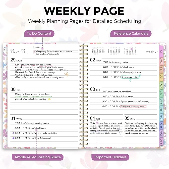 SKYDUE 2026-2027 Monthly and Weekly Academic Planner, July 2026-June 2027, 8.5"x11", Agenda Calendar with Colorful Tabs and Storage Pocket, Ideal for School Office Supplies