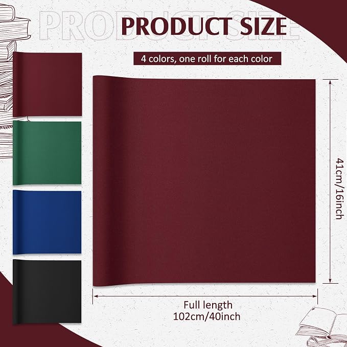 PerKoop 4 Pcs Book Cloth, 40 x 16 Inch, Fabric Surface and Paper Backed for Book Binding, 4 Colors Bookcover, Close Weave Binding Cloth for Scrapbooking Photo Album DIY Crafts Journal Hardcover Repair