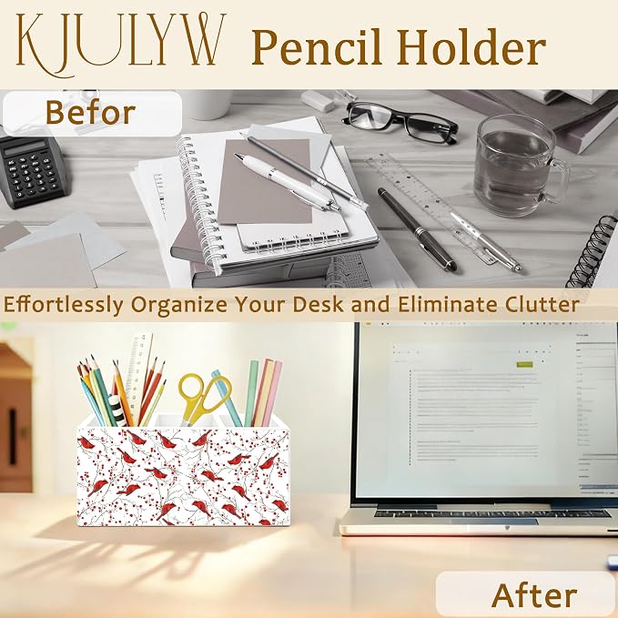 Red Cardinal Pen Holder for Desk, Cardinal Lover Gifts, Red Berry Botanical Bird Wooden Box Pencil Pen Holder Organizer for Home Office Desk Accessories