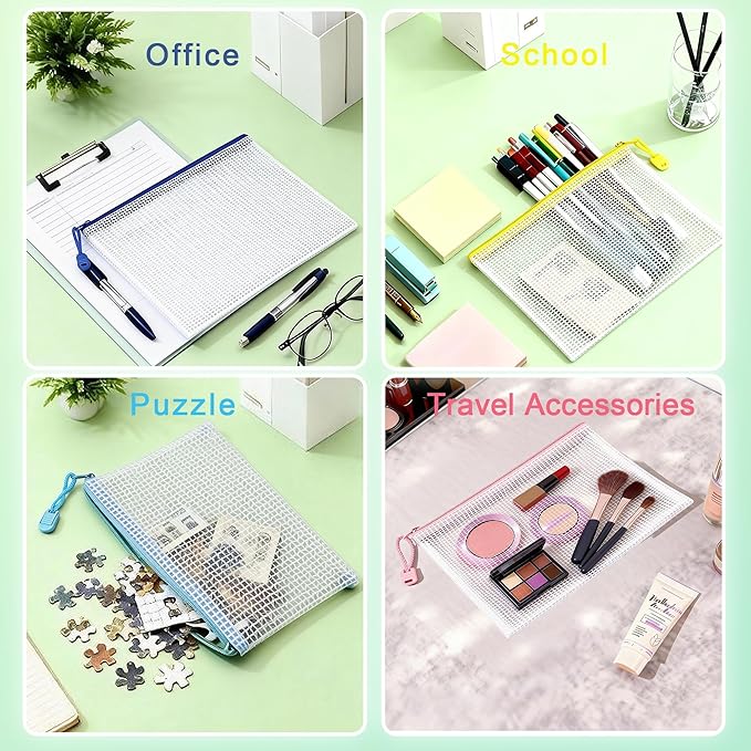 18-Pack Mesh Zipper Pouch Set with 1 Organizer Bag, 5 Sizes (A4 A5 A6 Bill B6) Clear Waterproof File Bags for Categorized Storage, Professional Travel & Home Office (19pcs)