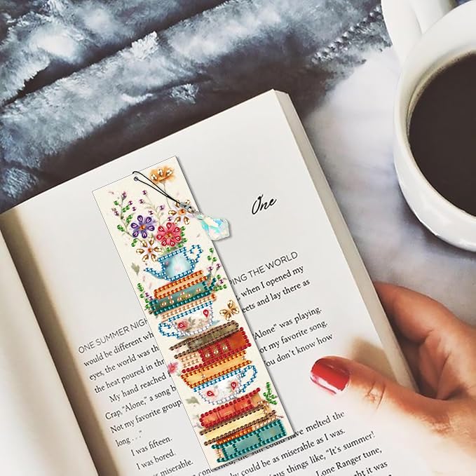 5 Pieces Acrylic Books Diamond Painting Bookmark with Tassels, Coffee Special-Shaped Small Diamond Art Book Marks for Adult, Flower Bookmark Paint with Diamonds for Book Lover