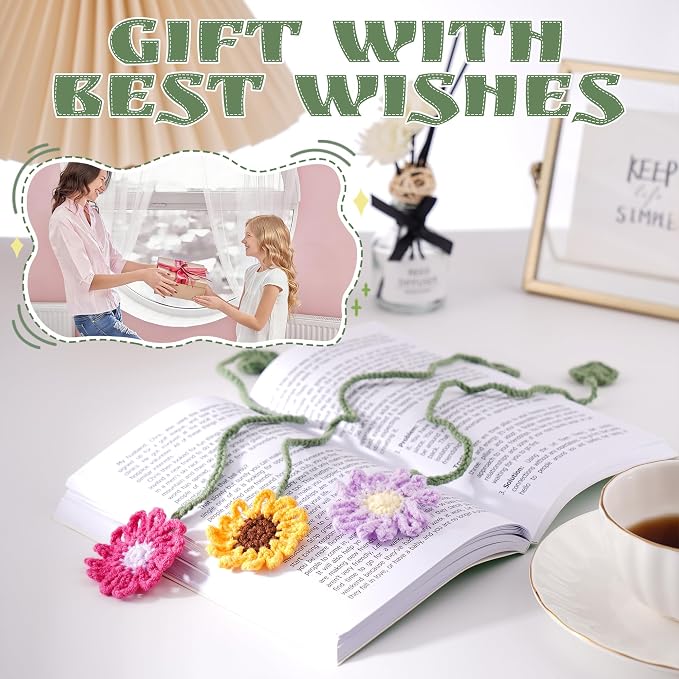 6 Pack Personalized Flower Crochet Bookmarks,Daisy Sunflower Book Marker Appreciation Gifts for Teacher Reading Women Colourful Flower Book Tabs Supplies Bulk for Book Lovers Office Classroom Gifts