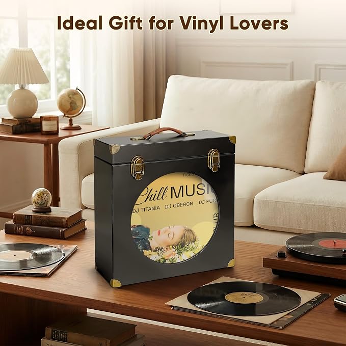 Solid Wood Vinyl Record Storage Box with Display Window - Holds 30 LPs, Acrylic Front, Leather Handle & Metal Lock for 12/10/7 Inch Records (Black)