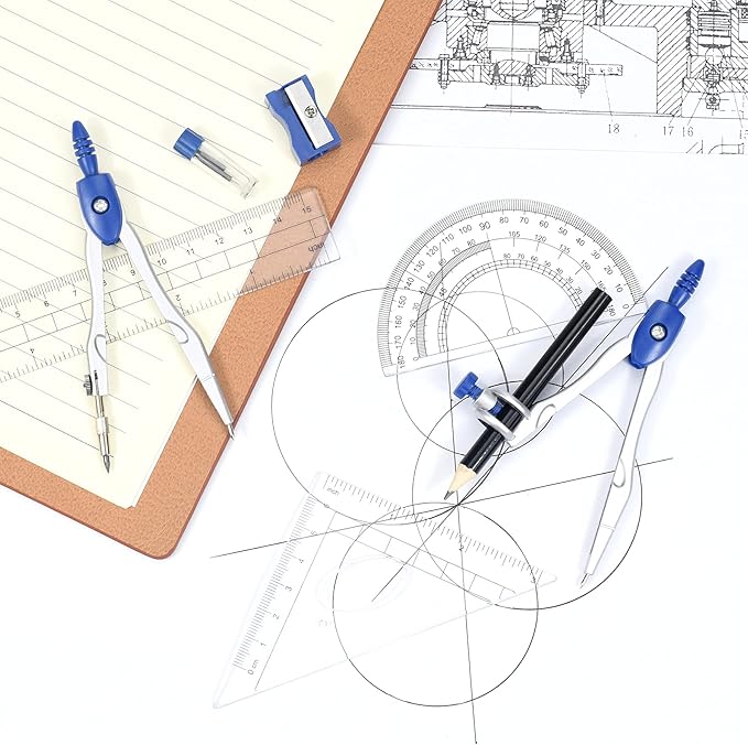 Vobou Math Geometry Kit Sets 10 Piece Student Supplies with Shatterproof Storage Box,Includes Rulers,Protractor,Compass,Eraser,Pencil Sharpener,Lead Refills,Pencil,for Drafting（Navy Blue）