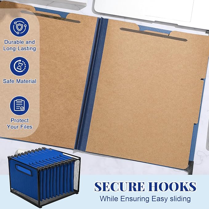 Henoyso 15 Pcs Hanging Classification File Folders, Letter Size Dark Blue Folders with 3 Pressboard Dividers, 8 Fasteners, 4 Inch Expansion, 1/3-cut Top Tab for Medical Records and File Cabinet