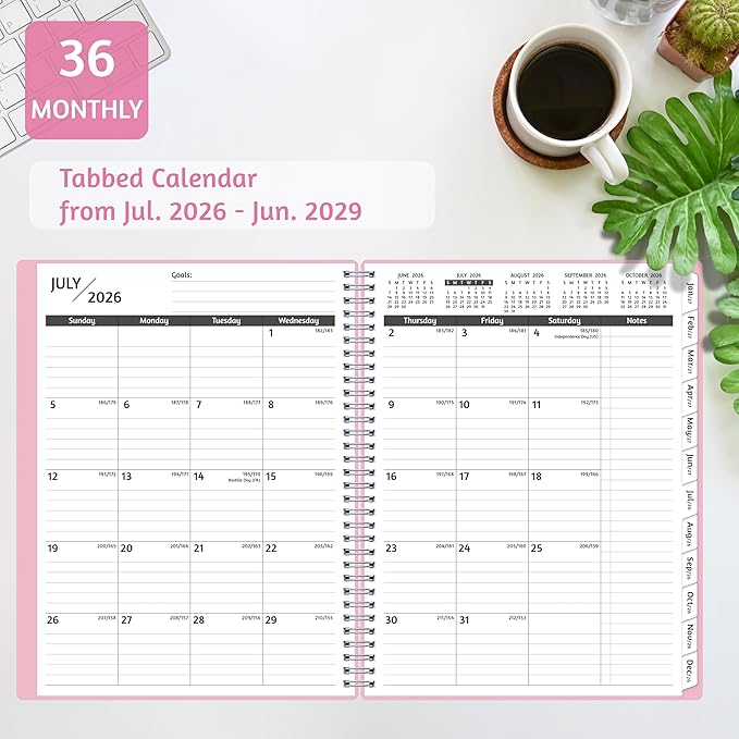 Monthly Planner 2026-2029, 36 Months Calendar Planner 2026-2029 from Jul 2026 – Jun 2029, 8.5'' x 11'' with Ruled Spread, Flexible Cover, Spiral Wirebound, Pocket, Coated Tabs, Notes ＆ Habit Tracker
