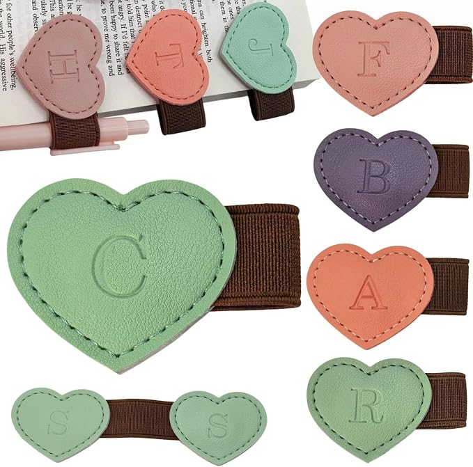 Personalized Magnetic Leather Heart Bookmark with Pen Holder - 26 Letters Custom Book Mark Notebook Pencil Loop with Initial Book Marker for Readers, Book Lovers- Gifts for Women Men(Green,C)