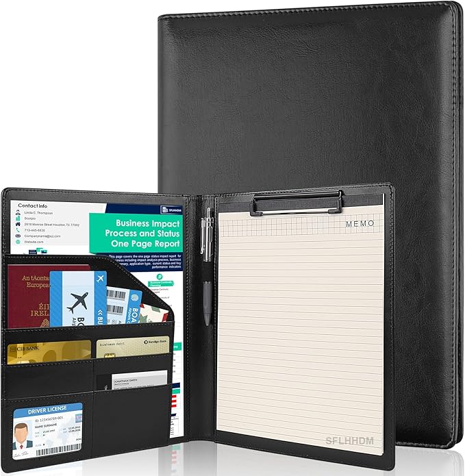 Clipboard Padfolio with Storage Pocket,Clipboard Folder Portfolio Organizer,360 Degree Foldable Clipboards with Refillable Notepad,Faux Leather Padfolio Organizer for Office School Supplies-Dark Black