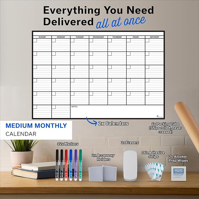 (2 PK) Large Dry Erase Calendar for Wall, 24x36, Large Wall Calendar Dry Erase, Big White Board for Office, Home & School, Giant Erasable Whiteboard, Jumbo Monthly Undated Reusable White Board Planner