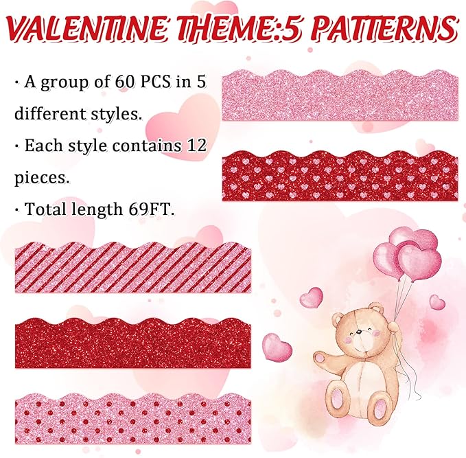 Whaline 69Ft Valentine's Day Glitter Bulletin Board Borders 5 Designs Shine Red Pink Heart Stripe Dot Decoration Trim Bulletin Board Stickers for Romantic School Classroom Office Party Decoration